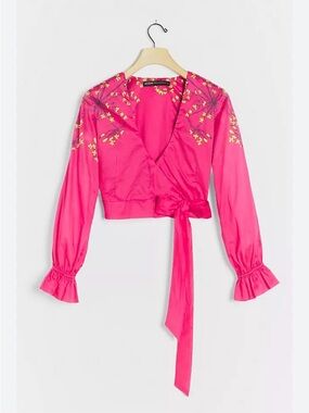 Roopa Pemmaraju Anthologies bright pink cotton‎ wrap crop top NWOT small